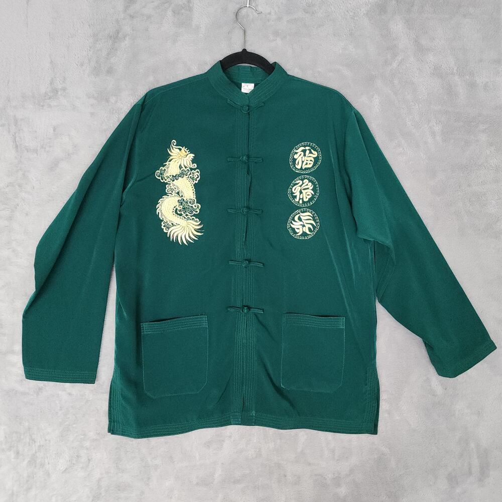 Chinese Tang suit jacket green dragon embroidered frog-button closure 100% silk
